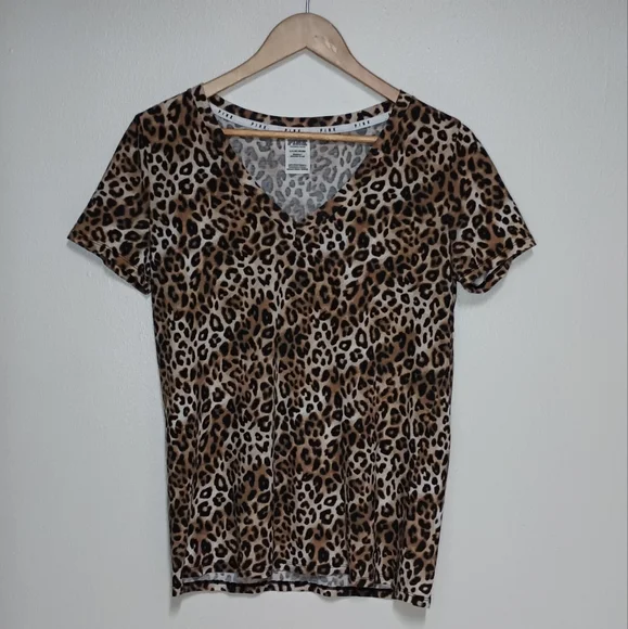 PINK VS leopard print animal print vneck short sleeve tee top size Small - Picture 3 of 7